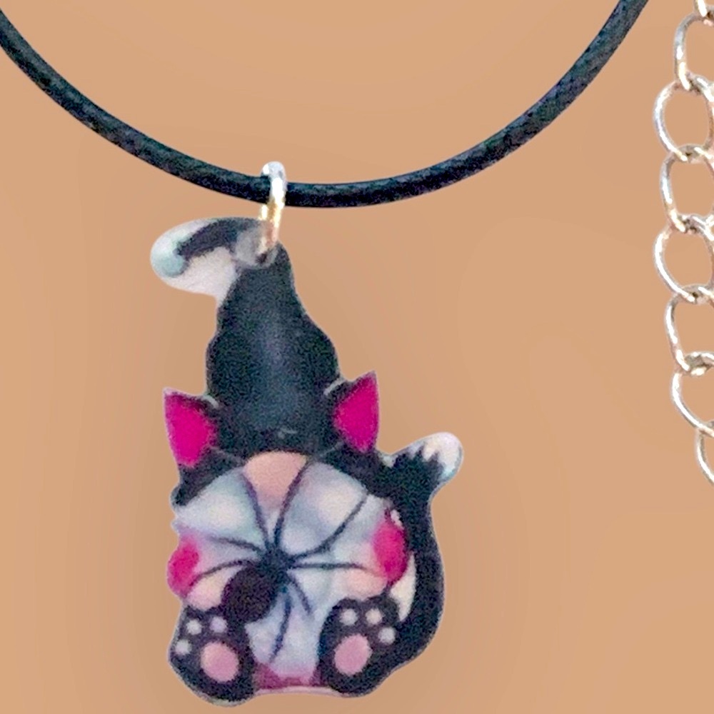 Black Cat Gnome with a Spider Pendant Necklace handmade Halloween black & pink